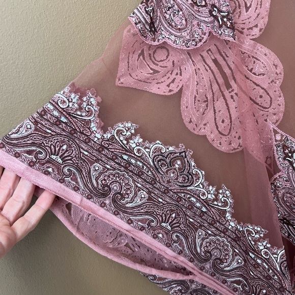 DAVID and YOUNG Womens Pink Embroidered Sheer Kimono Crystals Fringe OS Boho - Picture 2 of 7